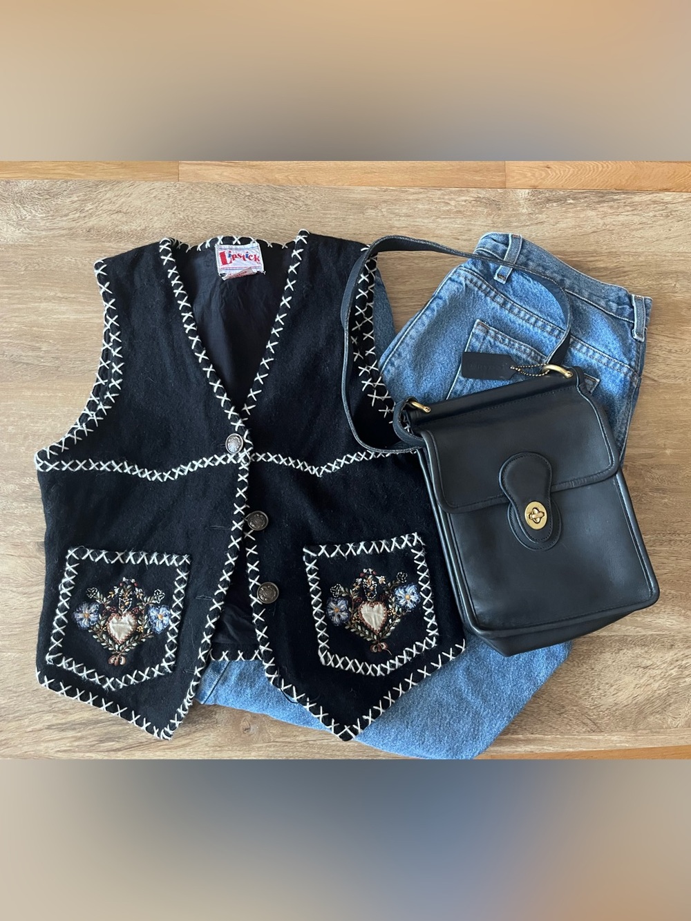 Lipstick Boutique Black Embroidered Pocket Vest with White Stitching